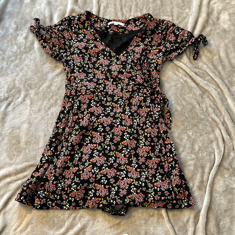 LOFT Black Floral Romper with Pink, White & Green Print